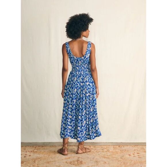 Faherty sunseeker blue ginger midi floral boho coastal cowgirl dress pockets XS - Picture 2 of 13